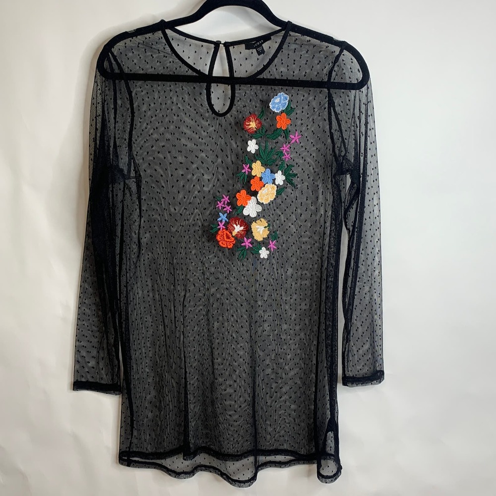 Guess Black Sheer Midi Dress with Multicolor Floral Embroidery